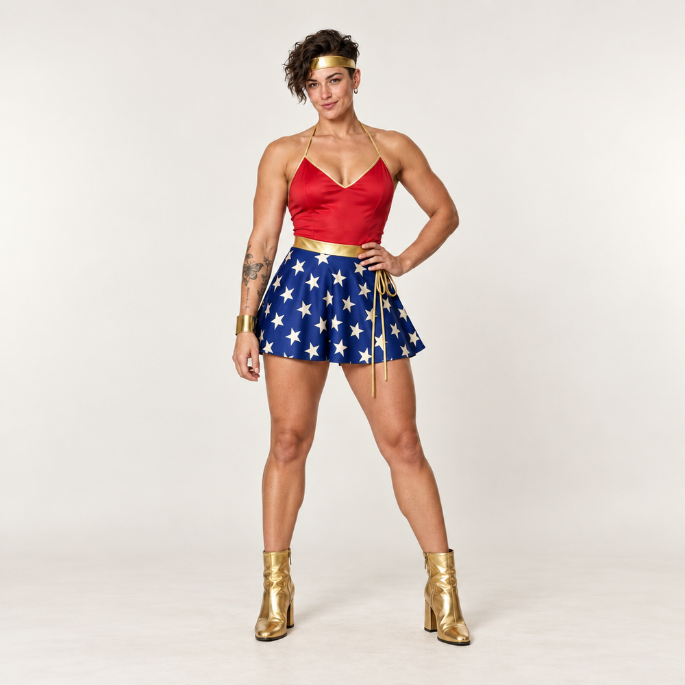 Fiercely Fabulous Superhero Costume styled as a lesbian costume party outfit with gold accessories