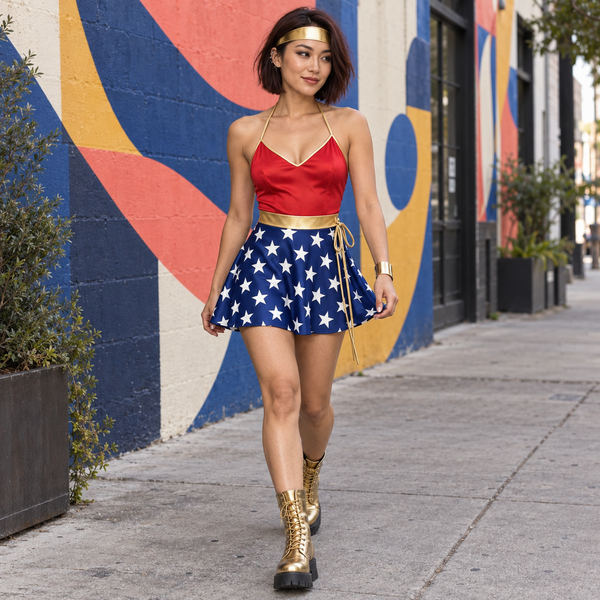 Fiercely Fabulous Superhero Costume styled as a sapphic superhero outfit with gold boots