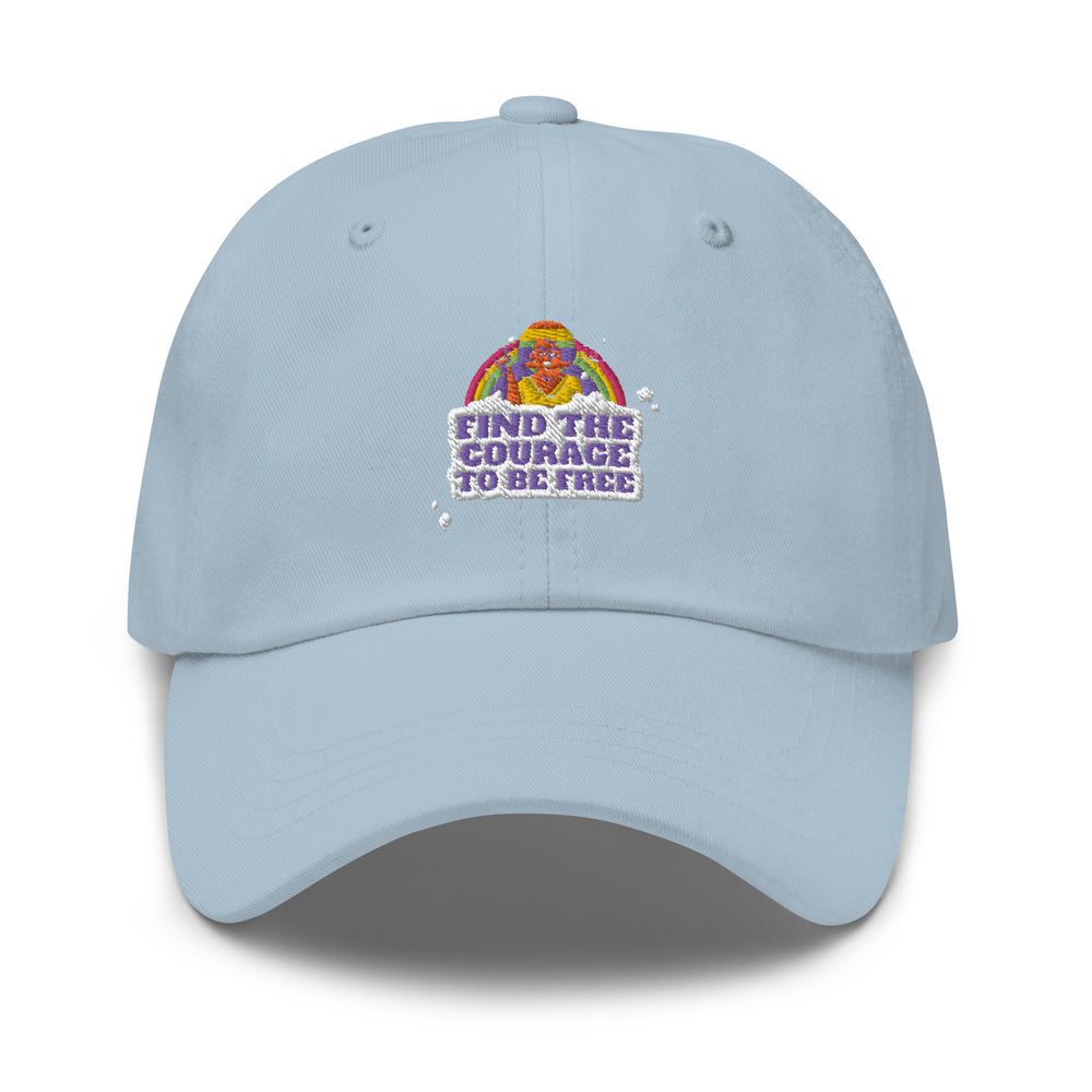 Front-facing light blue cap with rainbow embroidery and “FIND THE COURAGE TO BE FREE” text