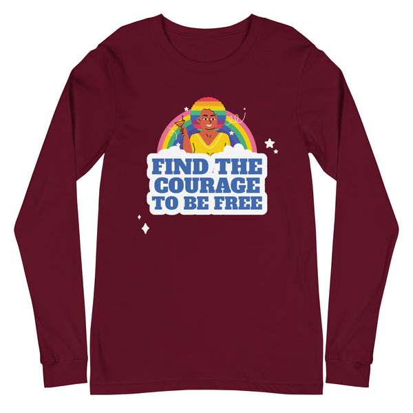 Maroon unisex long sleeve tee with bold blue 