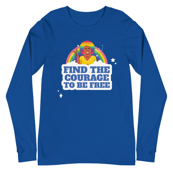 Unisex royal blue long sleeve featuring a bold rainbow, short-haired person in yellow