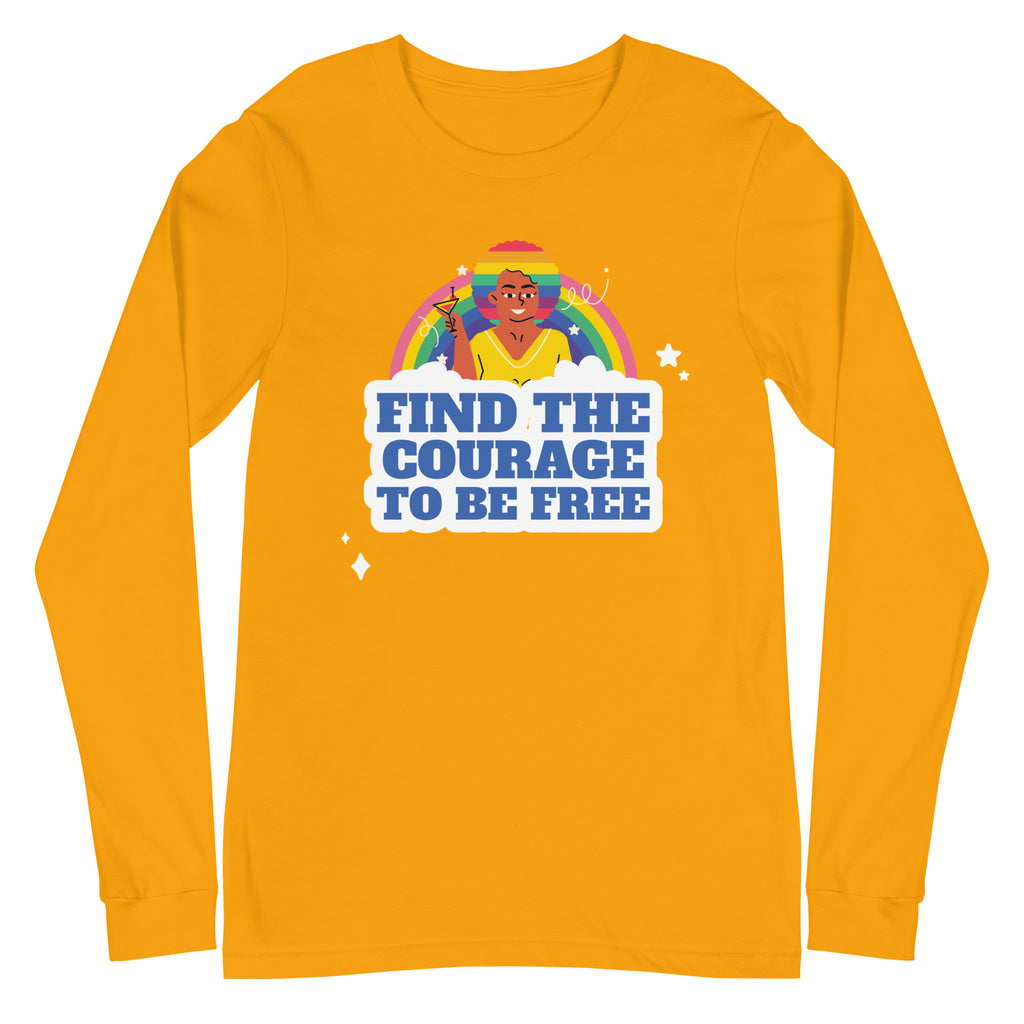 Unisex yellow queer pride long sleeve tee with a torch-holder, rainbow, stars, and bold “FIND THE COURAGE TO BE FREE” slogan.