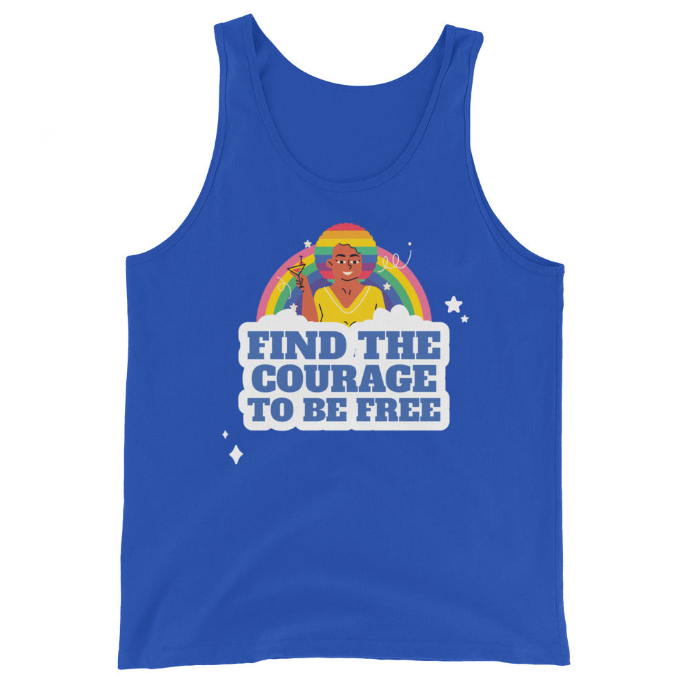 Blue unisex tank top with a brown-skinned person, fist raised in front of a rainbow