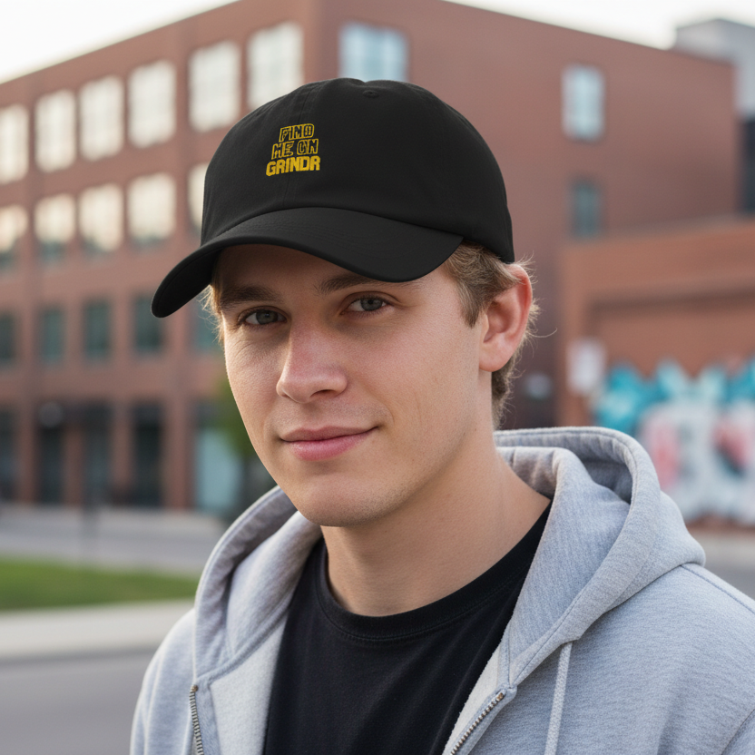 Find Me On Grindr Cap, black with bold yellow “FIND ME ON GRNDR” text, worn by a person in queer-casual streetwear