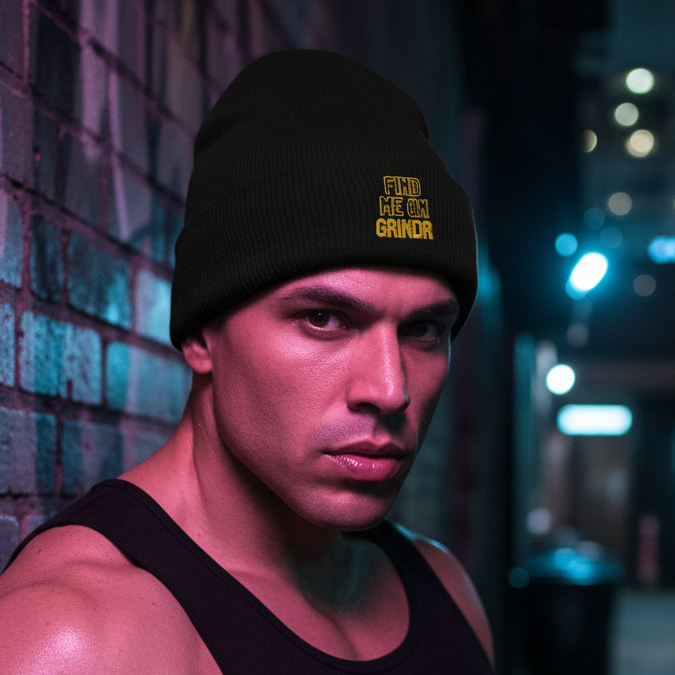 Find Me On Grindr Cuffed Beanie with bold yellow text, worn by a serious person in a black tank top
