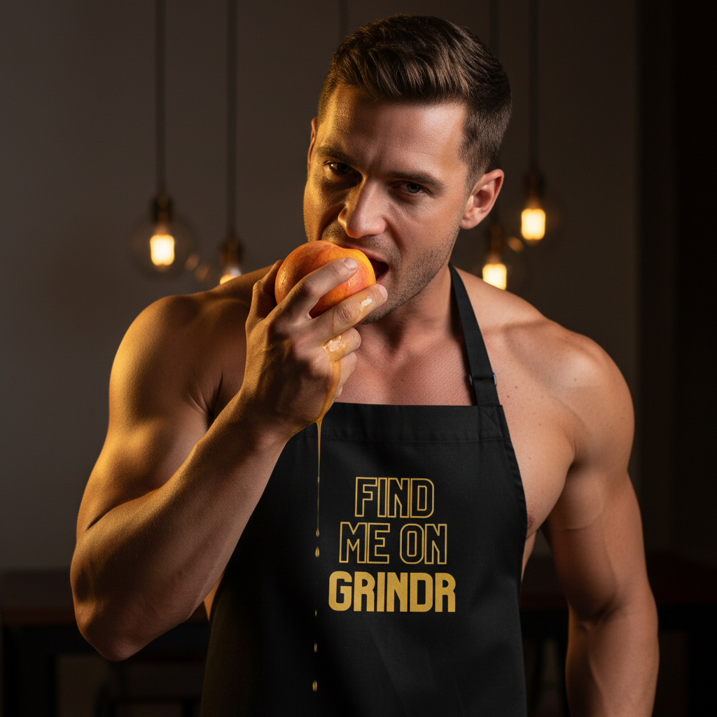 Shirtless person wearing a black apron labeled “FIND ME ON GRINDR” bites a peach