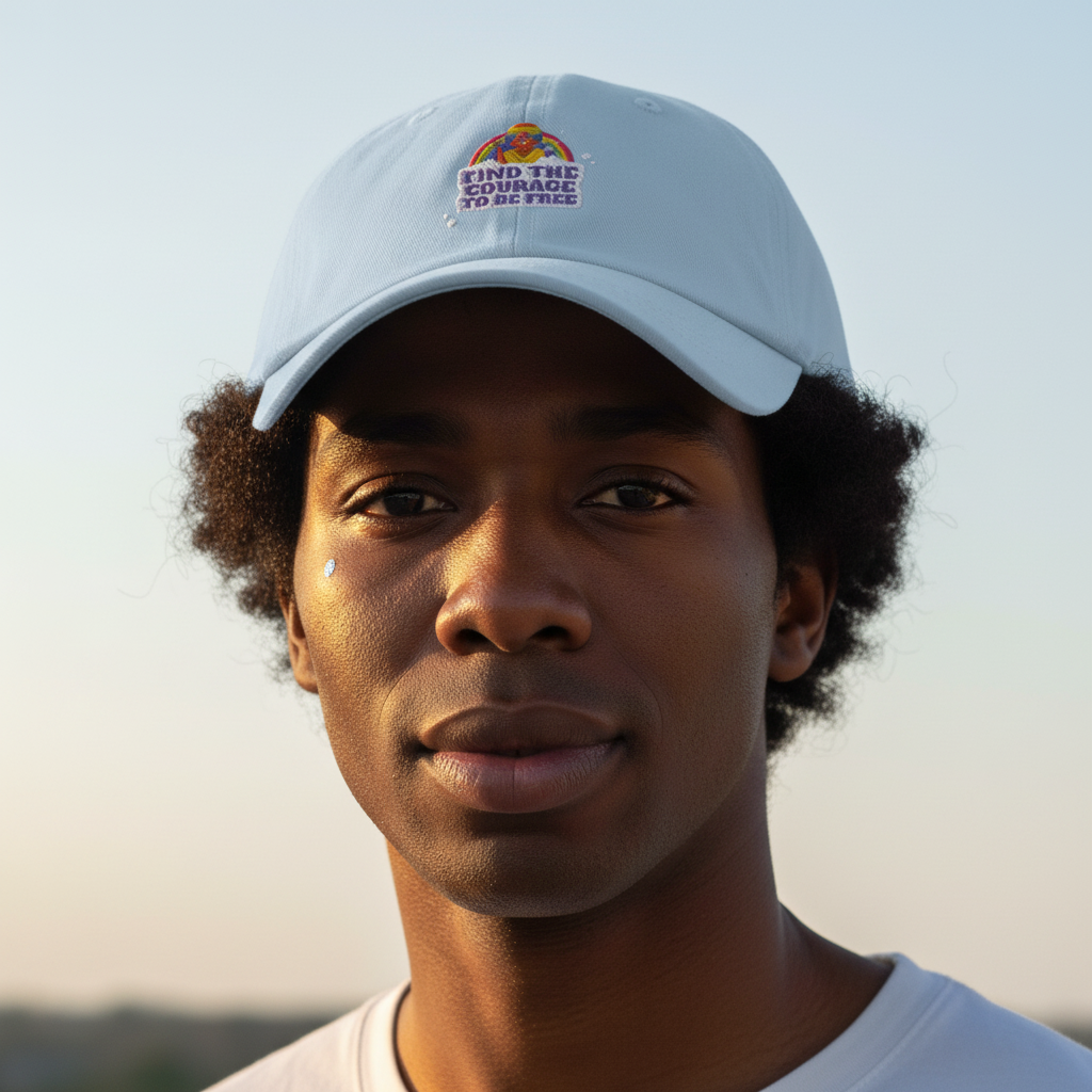 Find The Courage To Be Free Cap with rainbow embroidery, worn by a curly-haired person in a white tee