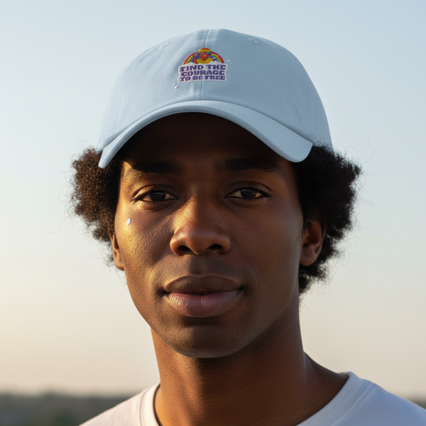 Find The Courage To Be Free Cap with rainbow embroidery, worn by a curly-haired person in a white tee