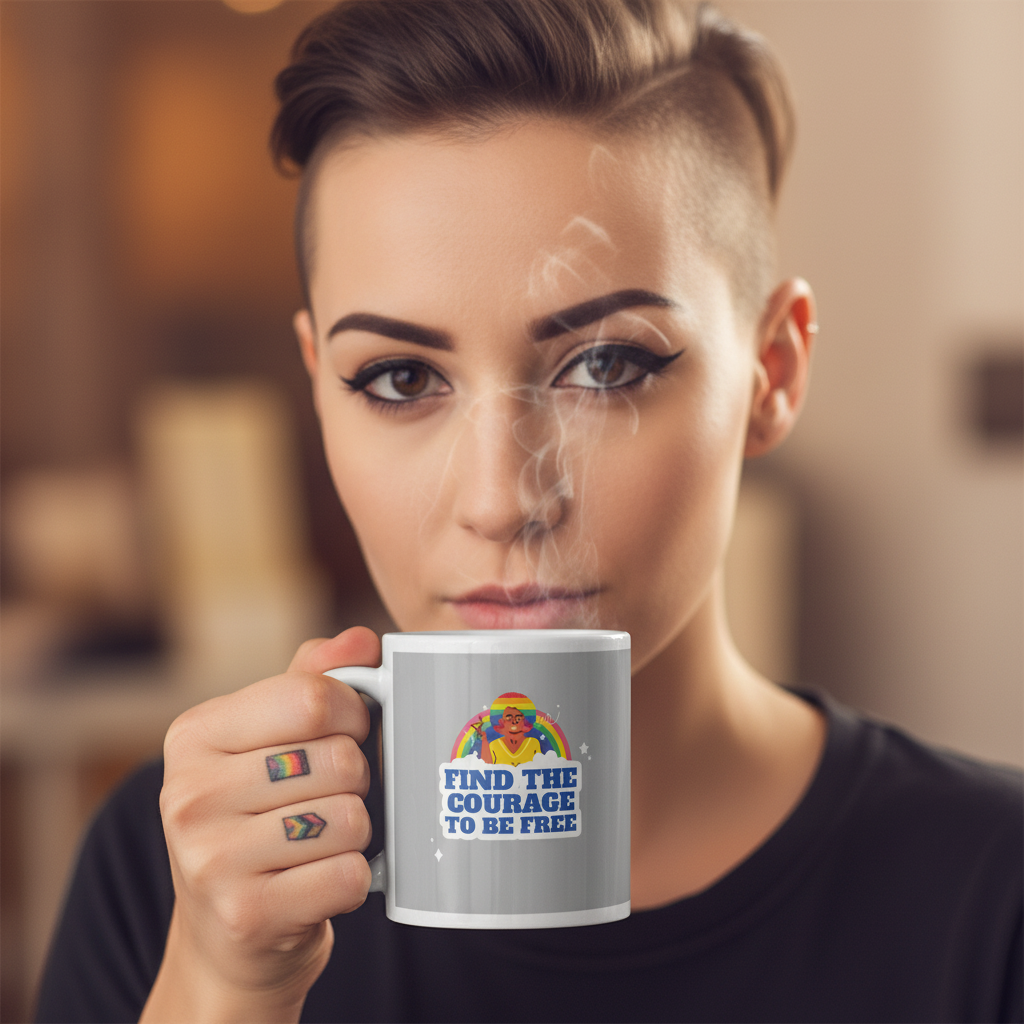 Person with winged eyeliner holds a gray mug reading “FIND THE COURAGE TO BE FREE”