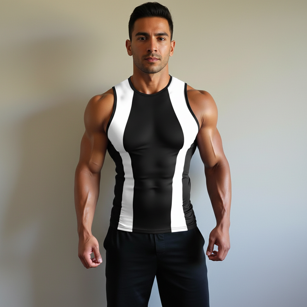 Front-facing model wearing a fitted black-and-white athletic tank top