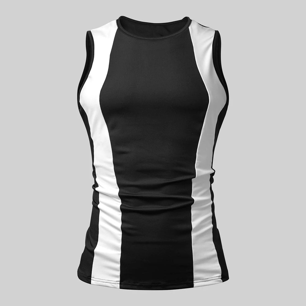Front view of a black-and-white sleeveless athletic tank top with side panels