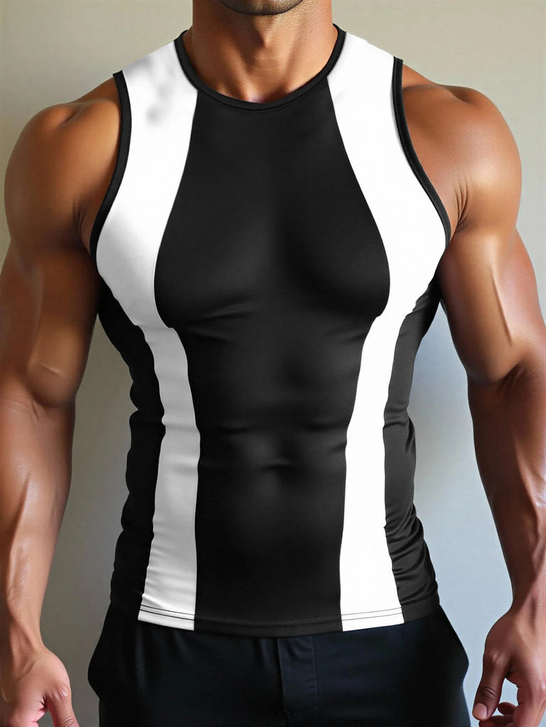 Front view of a muscular model wearing a black racerback tank with white side panels