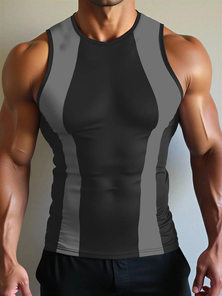 Front view of a muscular model wearing a black and gray paneled athletic tank top