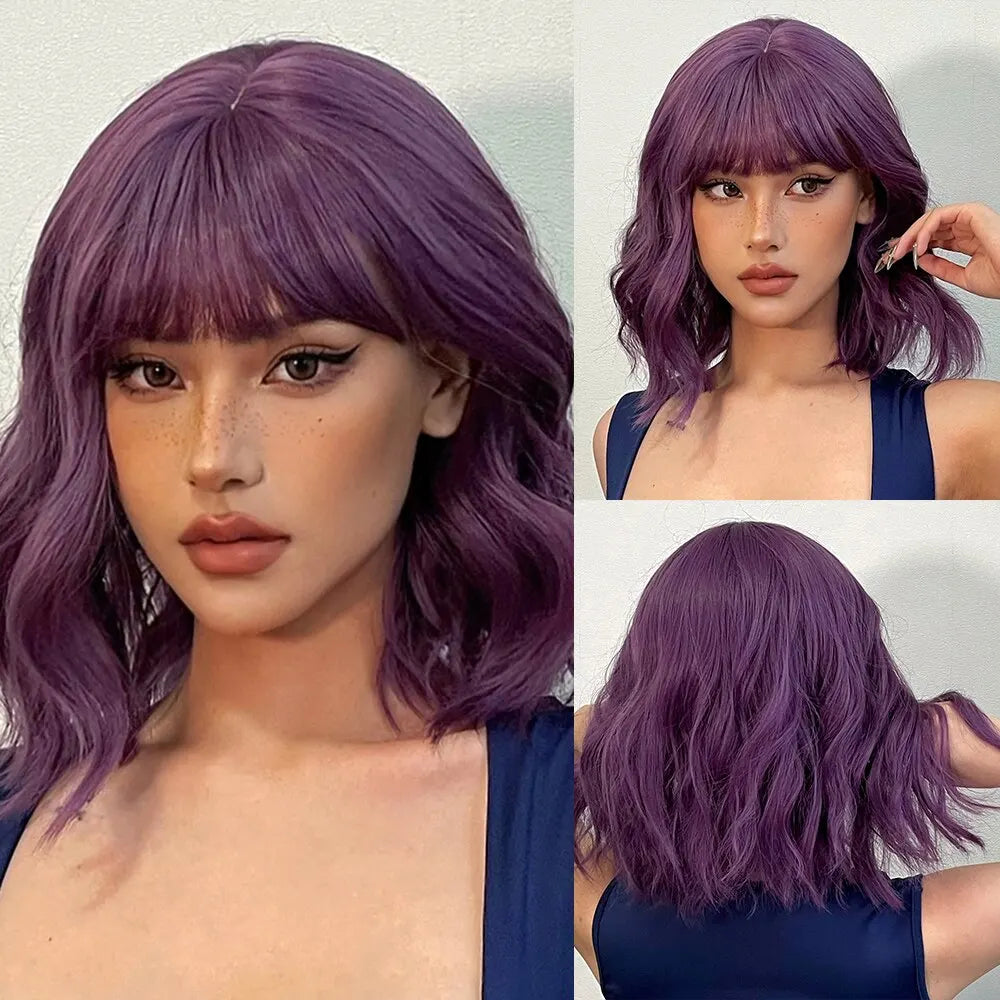 Collage showing a model wearing a purple wavy bob wig with blunt bangs, front and back views