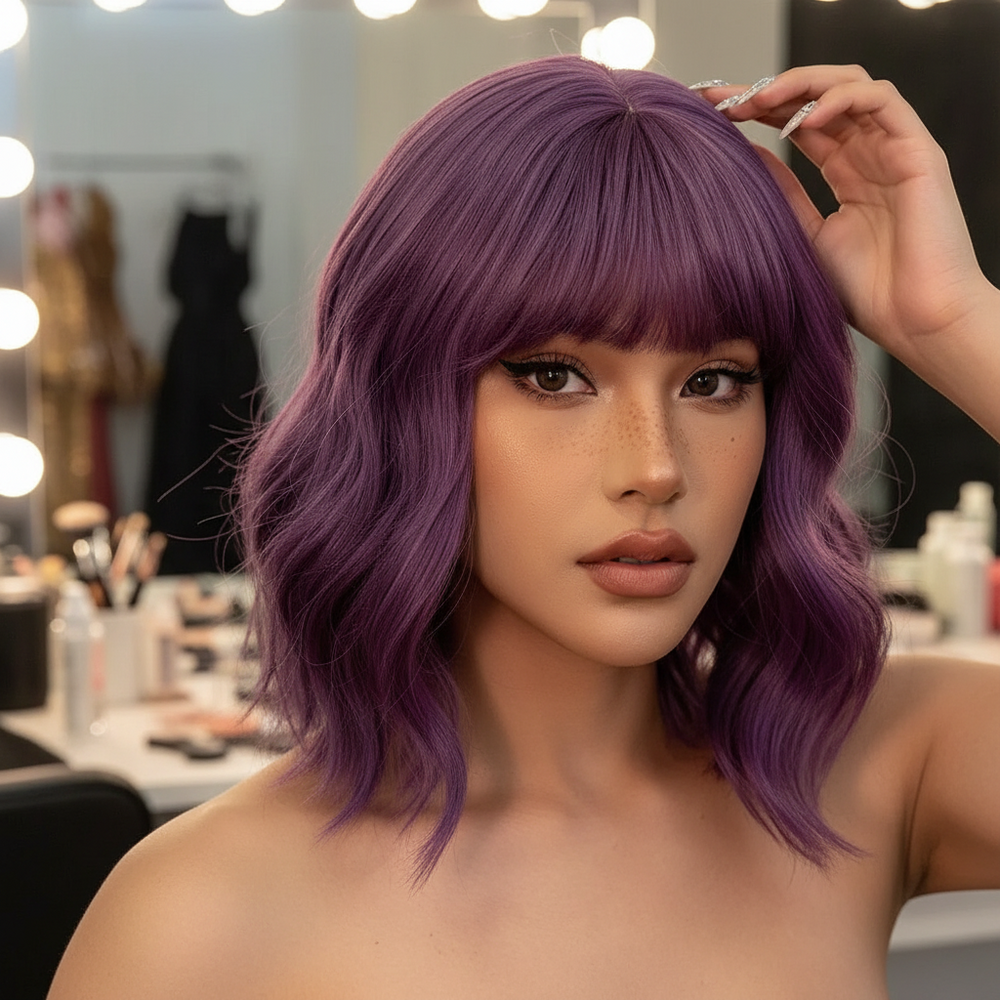 Queer femme with wavy purple First Class Purser Drag Wig, winged eyeliner, nude lips