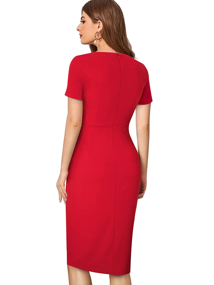 Rear view of a woman modeling a fitted red short-sleeve midi dress with a back zipper