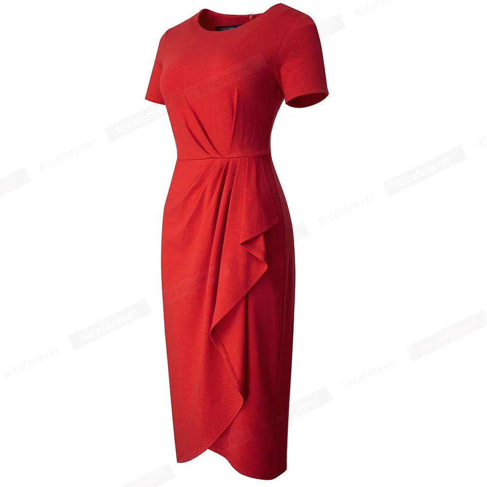 Front view of a bright red short-sleeved dress with a draped asymmetrical ruffle skirt