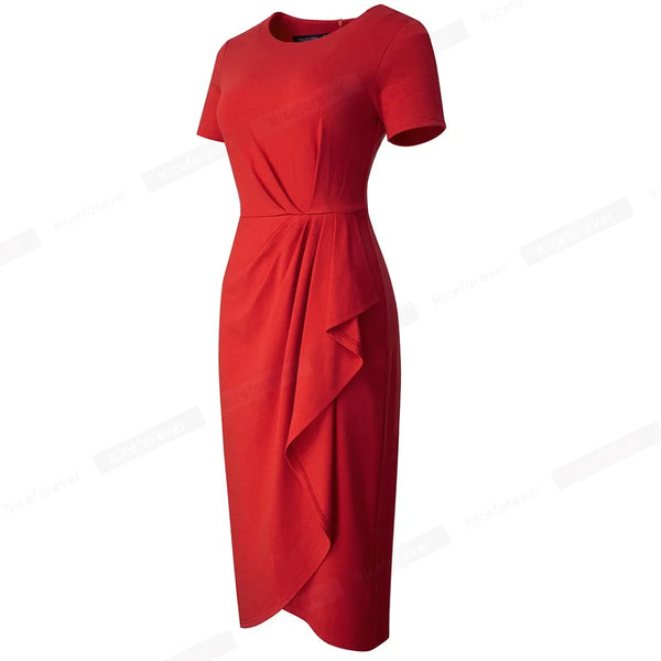 Front view of a bright red short-sleeved dress with a draped asymmetrical ruffle skirt
