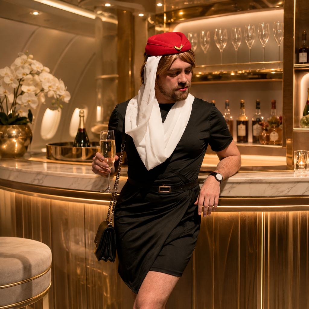 Model in a black purser costume with red hat and white scarf, holding champagne at a bar