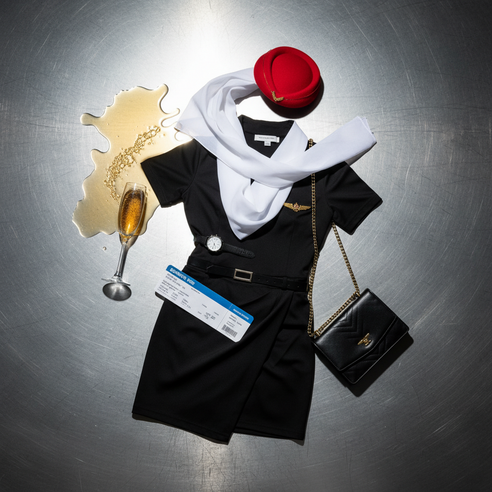 Flat lay of a black cabin-crew costume with red hat, white scarf, handbag, watch, and boarding pass