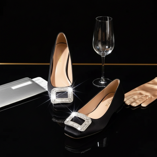 Pair of black pumps with large rhinestone buckles, shown at an angle on a glossy black surface