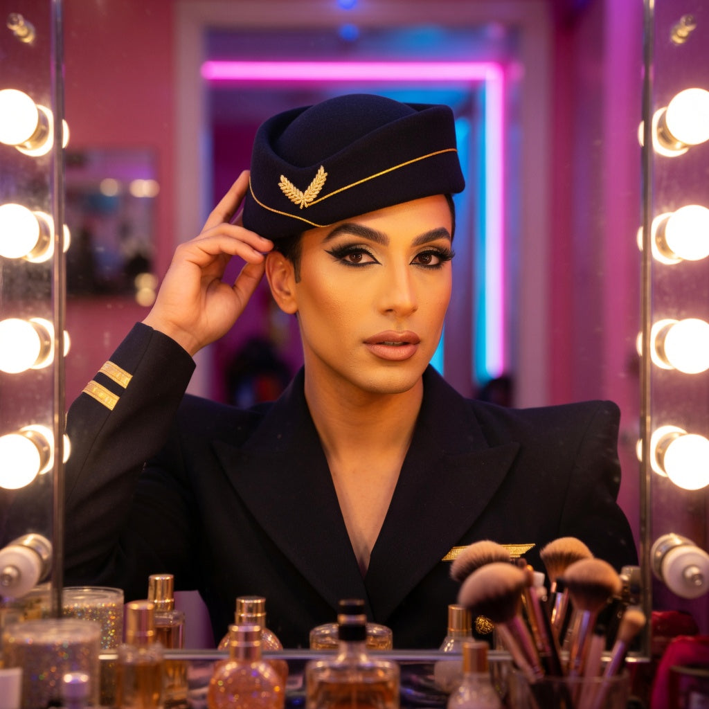 A person in "First Class Purser Statement Headwear" and navy uniform poses at a bright vanity with bold eyeshadow