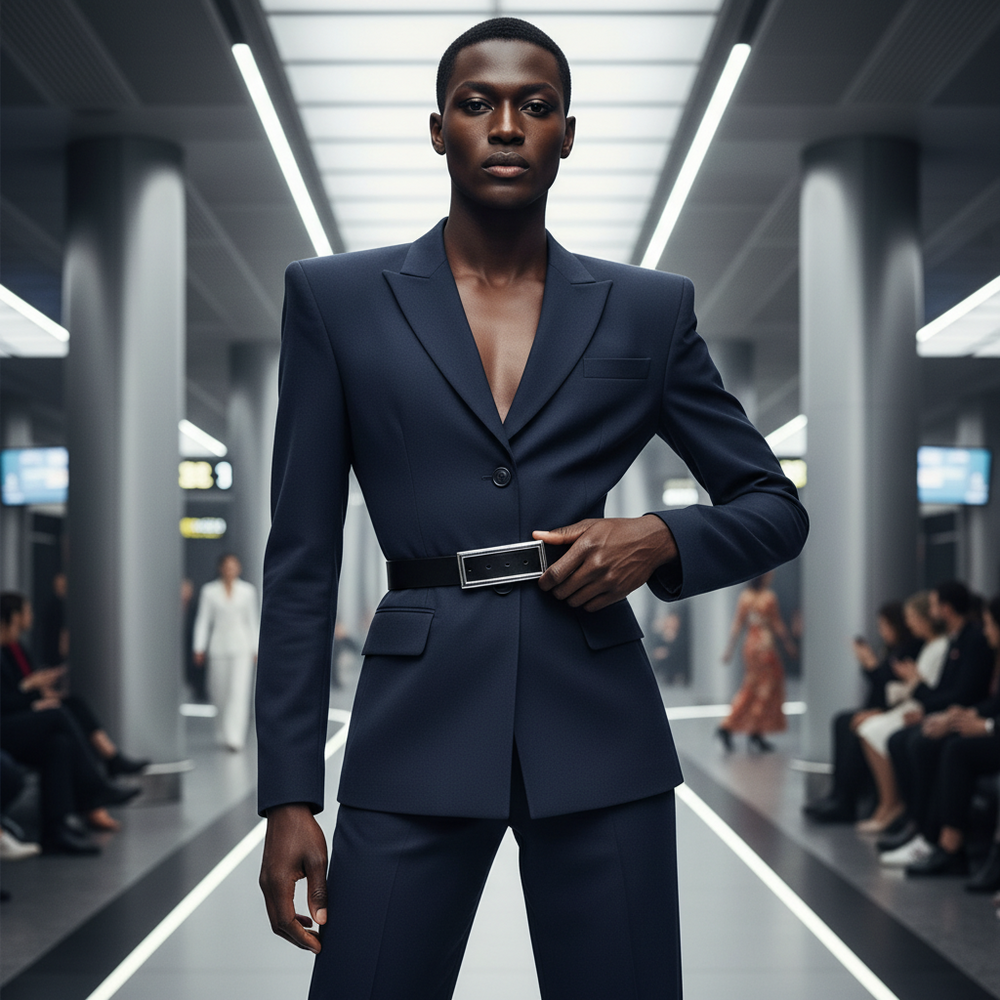 Model in a tailored navy suit poses confidently on an indoor runway, hand on hip