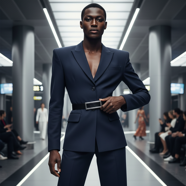 Model in a tailored navy suit poses confidently on an indoor runway, hand on hip