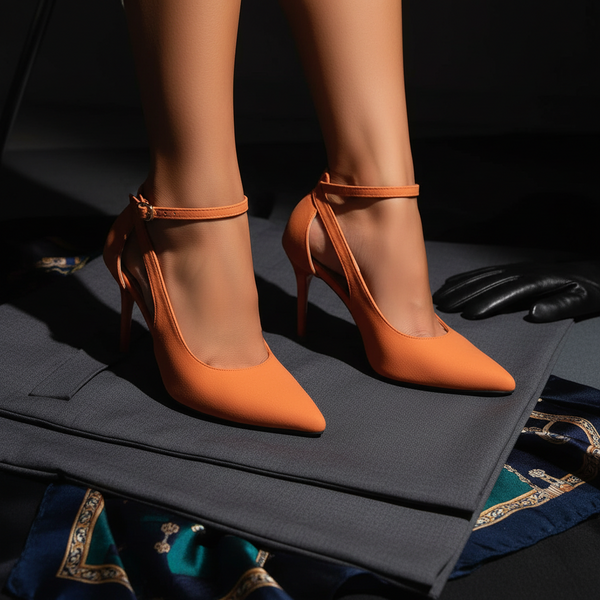 Pair of orange pointed-toe stilettos with ankle straps on a dark suitcase