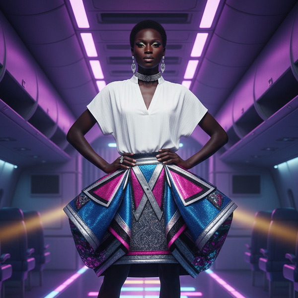 First Class Purser Textured Blouse and bold metallic skirt under purple neon
