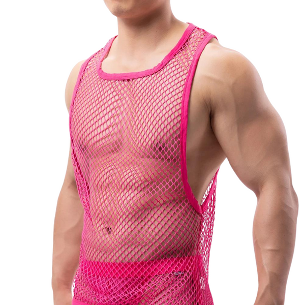 Close-up model wearing a bright pink fishnet tank top with deep armholes