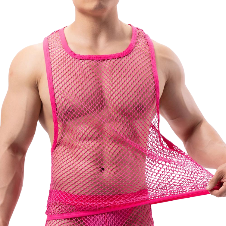 Close-up front view of a person wearing a bright pink fishnet tank top, pulling the side outward
