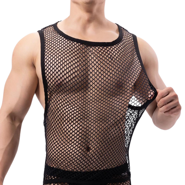 Cropped model wearing a black fishnet tank top and pulling the side outward