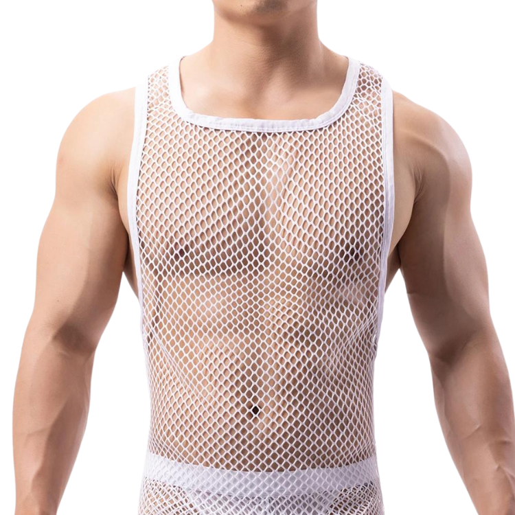 Front view of a model wearing a white diamond-mesh fishnet tank top