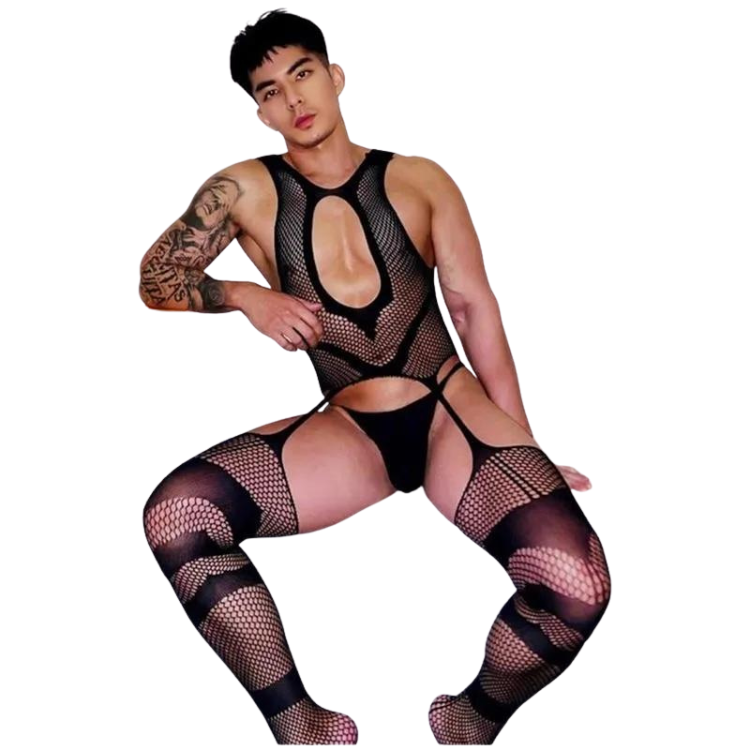 Seated model wearing a black fishnet bodysuit with cutouts and matching thigh-highs