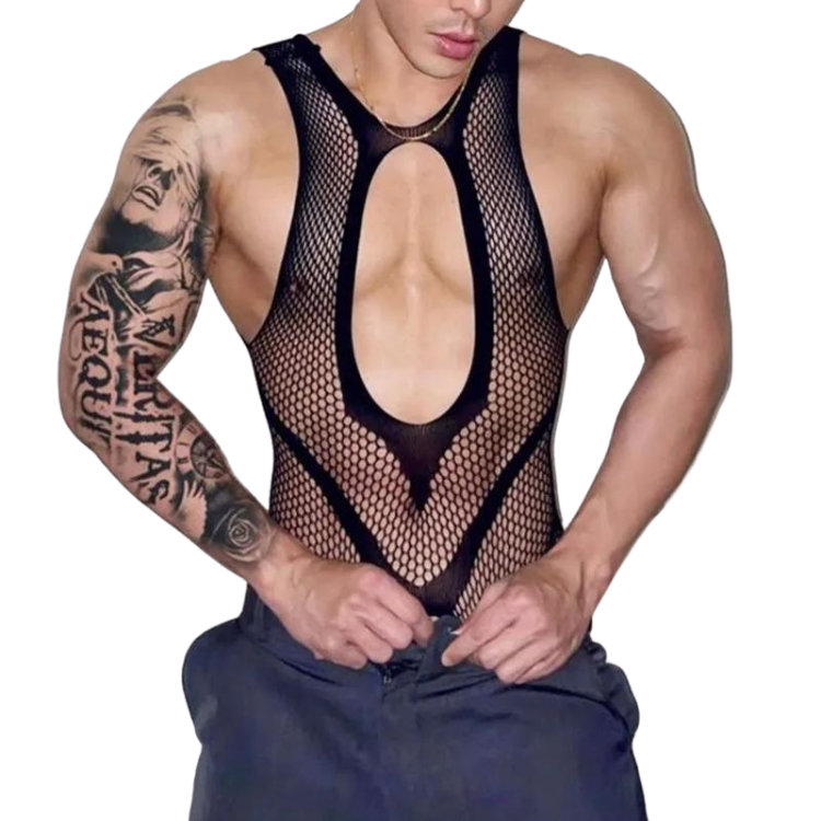 Front view of a person wearing a black fishnet bodysuit with a large oval chest cutout