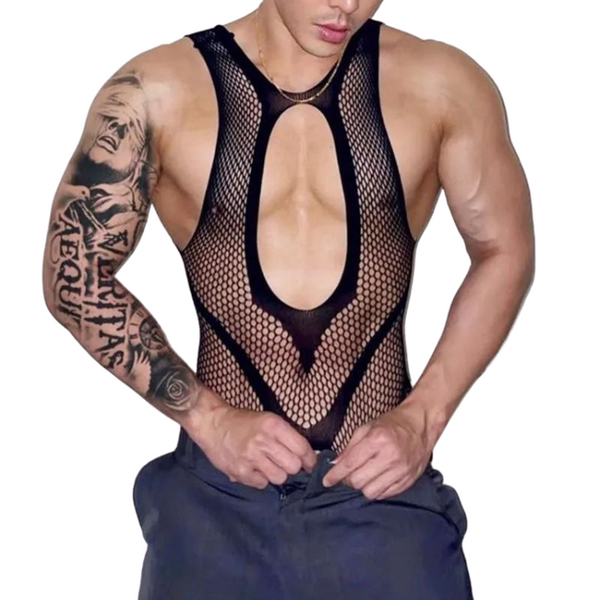 Front view of a person wearing a black fishnet bodysuit with a large oval chest cutout