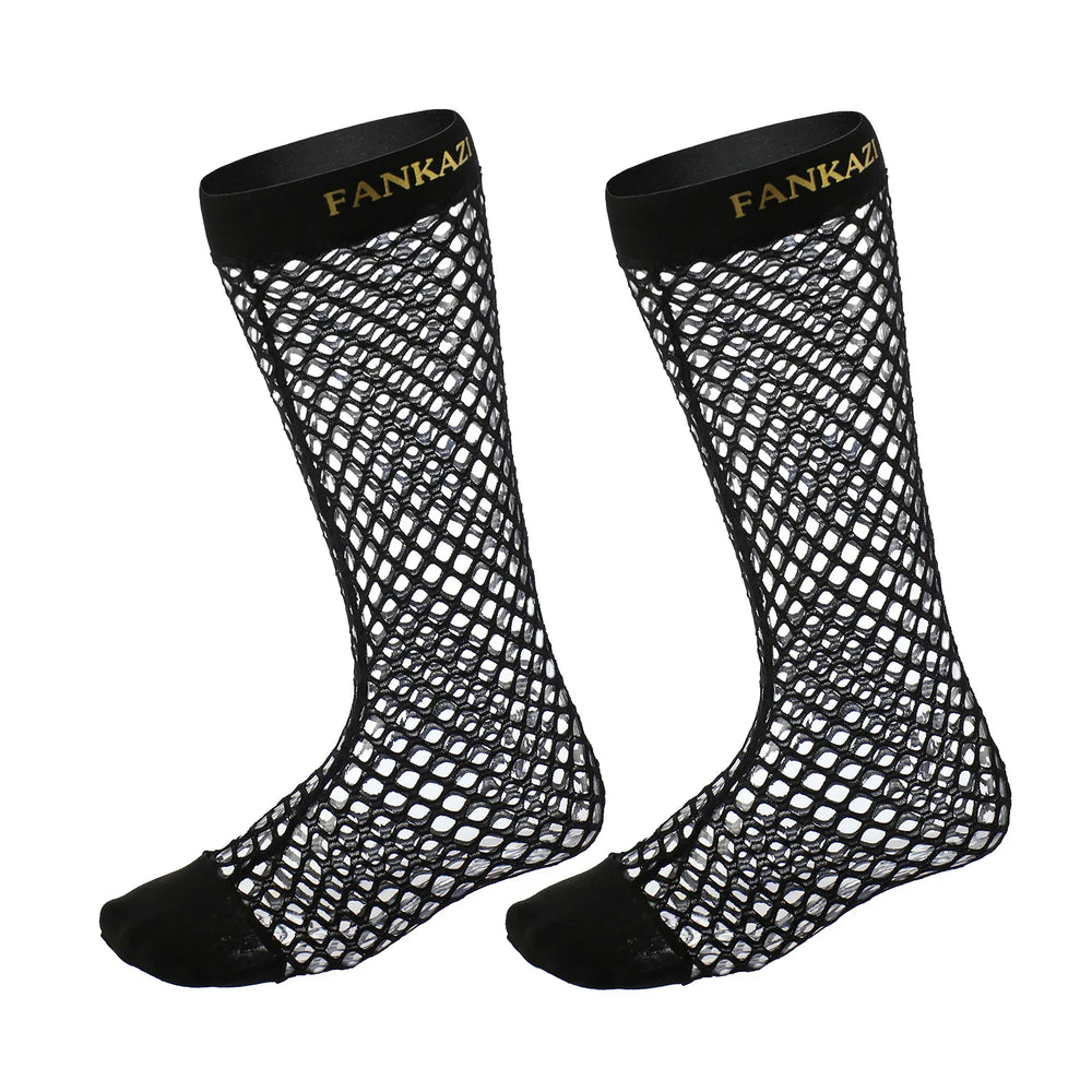 Pair of black fishnet stockings with solid toe panels and wide branded cuffs, shown on white