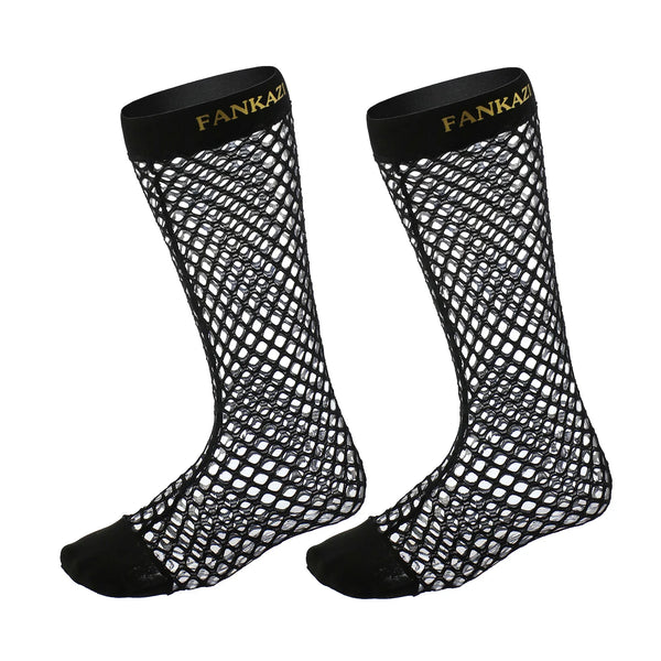 Pair of black fishnet stockings with solid toe panels and wide branded cuffs, shown on white
