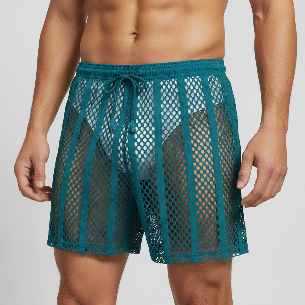 Teal fishnet shorts (2 pack) with drawstring waist, diamond-shaped open mesh over silver metallic briefs