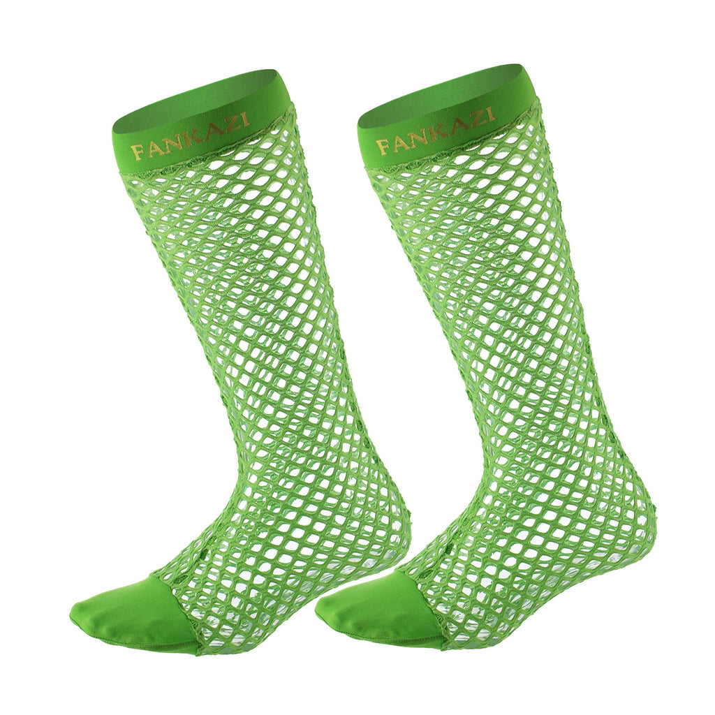 Pair of bright green fishnet stockings with solid toe sections and branded cuffs