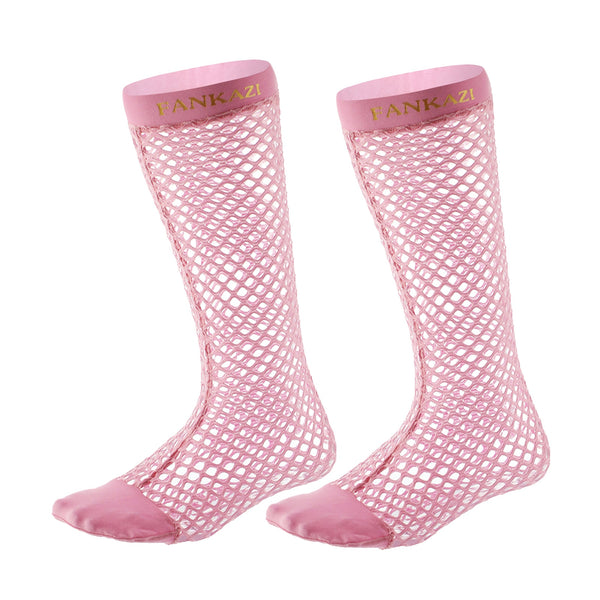 Pair of pink fishnet stockings with solid toe panels and FANKAZI waistbands
