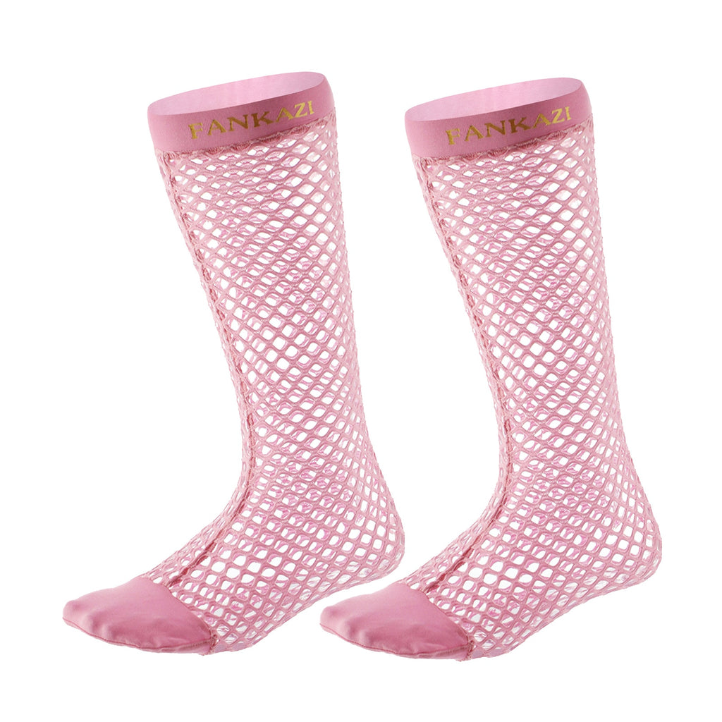 Pair of pink fishnet stockings with solid toe panels and FANKAZI waistbands