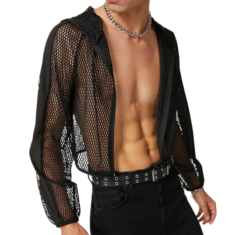 Cropped black fishnet hoodie worn open over a bare torso, shown from the front