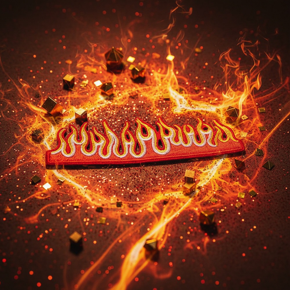 Flame Iron On Embroidered Patch with bright yellow and red flames on a glittering backdrop
