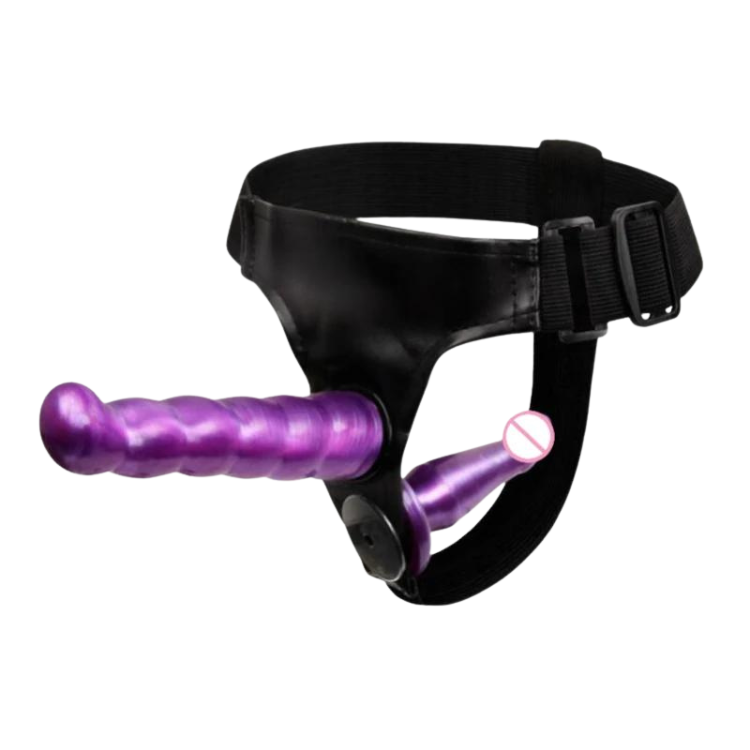Black adjustable harness with two purple double-ended strap-on dildos, shown from the front