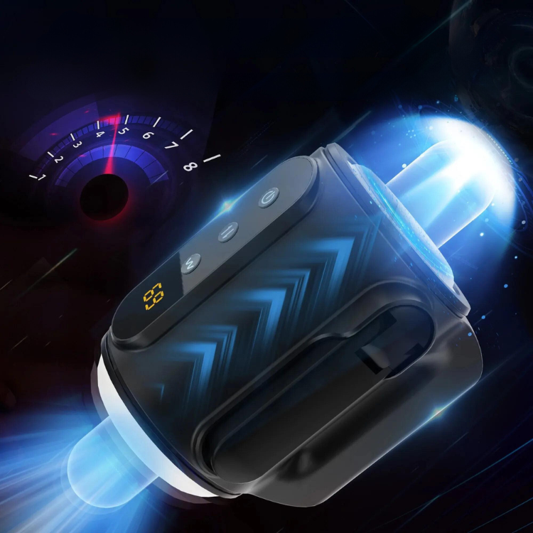 Black electronic male masturbator with a translucent sleeve and illuminated controls