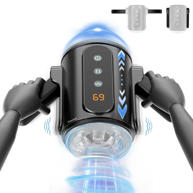 Black electric male masturbator with hand grips, blue-lit opening, and LED display reading 69