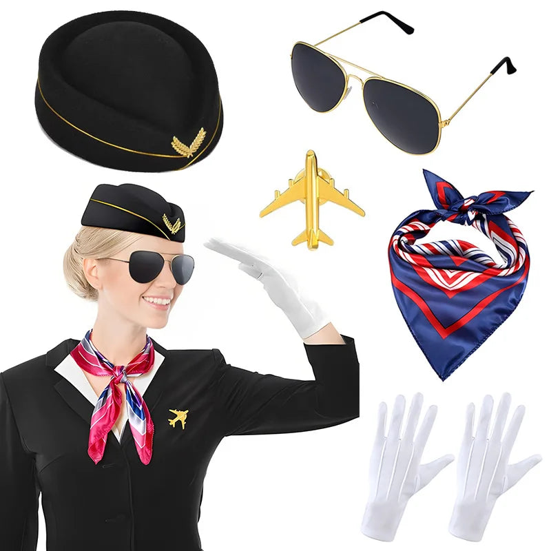 Flight attendant accessory set with black hat, sunglasses, airplane pin, scarf, and white gloves