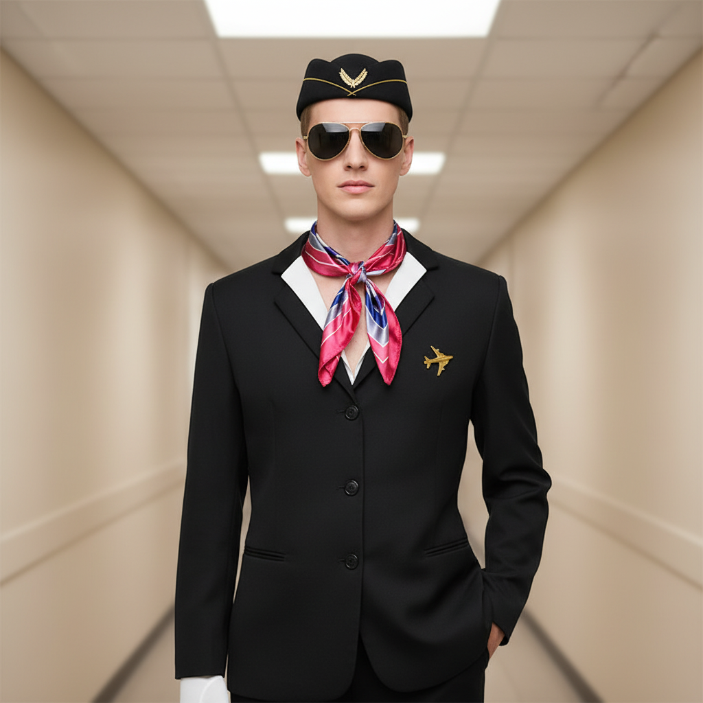 Flight Crew Stewardess Essentials Set: black jacket, gold airplane pin, pink silk scarf, aviators, cap with gold emblem